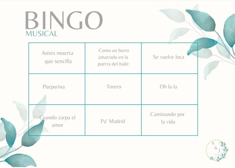Ejemplo de bingo musical personalizado para boda