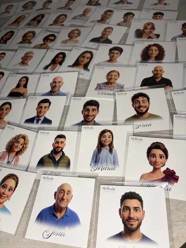 Ilustraciones personalizadas de invitados de boda extendidas sobre una mesa, cada una con el nombre del invitado