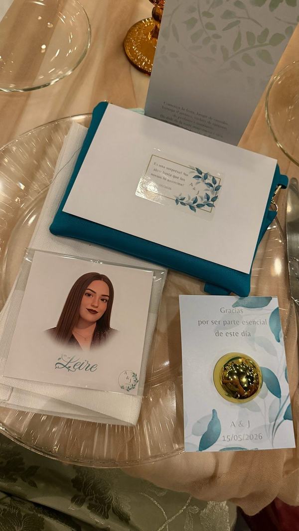 Ilustración personalizada de la invitada Leire colocada en la mesa de la boda